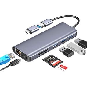 USB 3.0 Hub Dock met USB C-adapter verdeler, RJ45 Gigabit Ethernet LAN netwerkadapter, 3 USB 3.0 poorten, SD/TF-kaartlezer, micro USB-ingang, compatibel met Chromebook Windows,MacBook Pro/Air 2018/2019