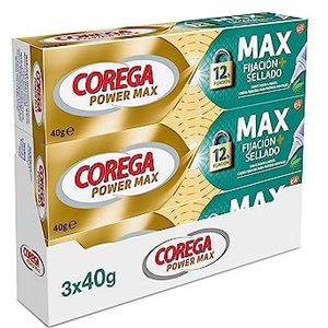 Corega Max fixatie + verzegeling, fixeercrème voor tandprothese, blijft tot 12 uur zitten, muntsmaak, 3 x 40 g