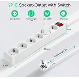 Aigostar - Stekkerdoos - Wit - 6-Voudig met Schakelaar - 3m Kabel
