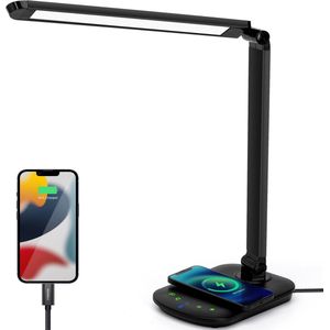 Aigostar Bureaulamp led dimbaar - USB en Draadloos Opladen - Leeslampje voor Boek - Wireless Charger - Zwart