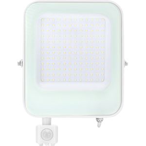LED Bouwlamp 100 Watt met Sensor - LED Schijnwerper - Helder/Koud Wit 6500K - Waterdicht IP65 - Mat Wit - Aluminium