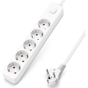 Aigostar Stekkerdoos, verlenging met 5 stopcontacten met schakelaar, kabel 5 m, wit