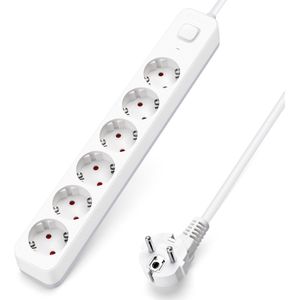 Aigostar Stekkerdoos, stekkerdoos met 6 stopcontacten, met schakelaar, 3 meter kabel, wit