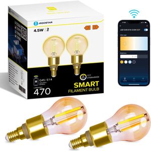 Aigostar 10C4N - Smart LED Filament Lamp - Slimme Verlichting - E14 fiting - 2.4GHz WiFi - Dimbaar - Appbesturing - Warm Wit licht - 4.5W - Set van 2 stuks