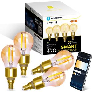Aigostar 10C4V - Slimme Verlichting - Smart LED Filament Lamp -Lichtbron E14 - 2.4GHz WiFi - Dimbaar - Appbesturing - Warm Wit licht - 4.5W - Set van 4 stuks