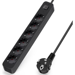 Aigostar 20N6U - Stekkerdoos met Schakelaar - 6-voudig - Met randaarde - Verlengsnoer - Verlengkabel - 5 meter - Zwart