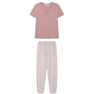 Women'secret Lange bloemenpyjama's, 1% katoen, korte mouwen, pyjamaset voor dames, Lichtroze.