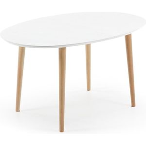 Kave Home Oqui, Oqui ovale uitschuifbare tafel, wit gelakt mdf en beukenhouten poten 140 (220) x 90 cm (mtk0006)