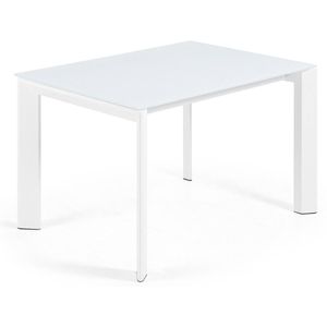 Kave Home Axis, Axis uitschuifbare tafel in wit glas en wit stalen poten 120 (180) cm