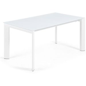 Kave Home Axis, Axis uitschuifbare tafel in wit glas en wit stalen poten 160 (220) cm