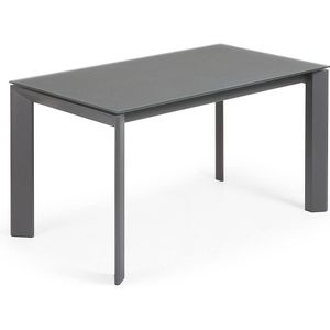 Kave Home Axis, Axis uitschuifbare tafel in grijs glas en grafiet stalen poten (200) cm
