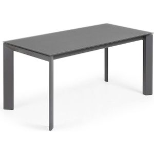 Kave Home Axis, Axis uitschuifbare tafel in grijs glas en grafiet stalen poten 160 (220) cm