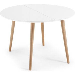 Kave Home - Oqui ronde uittrekbare tafel, gelakt MDF en massief beukenhouten poten 120(200)x120 cm