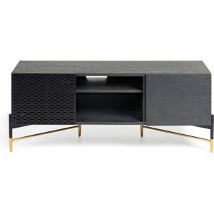 Kave Home Milian, Milian 2-deurs tv-meubel van essenhoutfineer met zwart & goud staal, 141 x 56 cm (mtk0002)