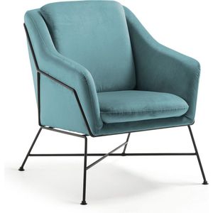 Kave Home - Brida fauteuil in turquoise fluweel met zwart stalen poten
