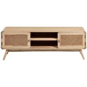 Kave Home Nalu, Nalu 2-deurs tv-meubel van massief wit cederhout & rotan, 150 x 50 cm