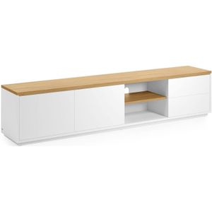 Kave Home Abilen, Abilen eikenfineer tv-meubel met 2 deuren en 2 lades in witte lak, 200 x 44 cm fsc 100%