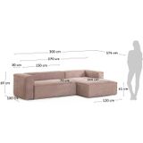 Kave Home Blok - Moderne 3-zitsbank in roze corduroy met chaise longue