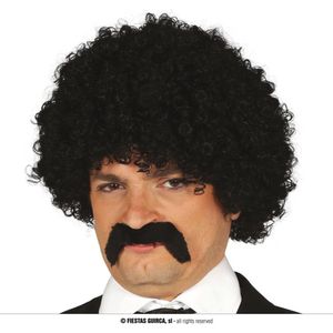 Verkleedpruik afro voor heren met krullen - inclusief snor - zwart - foute party