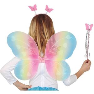 Verkleed set vlinder - vleugels/diadeem/toverstokje - multi kleuren - kinderen - Carnavalskleding/ac