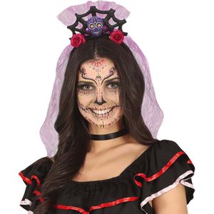 Halloween verkleed diadeem - sluier met bloemen - one size - lila paars