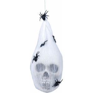 Horror/halloween decoratie doodshoofd in spinnenweb - hangend - 25 cm - Halloween poppen