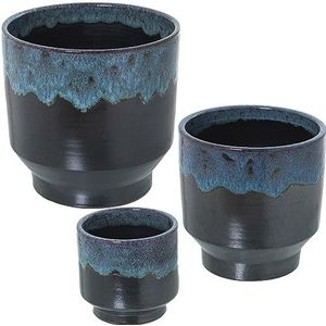 DRW Set van 3 ronde plantenbakken van keramiek in blauw en zwart, reactief, 16 x 16, 21 x 21 en 26 x 26 cm