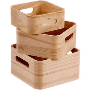 Set van opstapelbare opbergboxen Caison Hout Natuurlijk 3 Onderdelen 18,5 x 18,5 x 10 cm