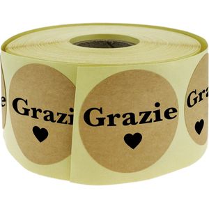 PrimeMatik - Ronde kraftpapier stickers ""Grazie"" 25 mm, rol van 500 etiketten, bruine kleur