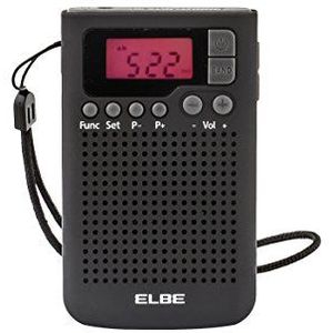 ELBE RF-93 digitale zakradio, am/fm-radio, geheugen voor 20 zenders, wekker, ingebouwde luidspreker, slaap-/sluimerfunctie, LCD-scherm, clip voor bevestiging, zwart