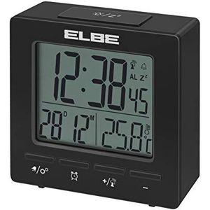Elbe RD-005-N Wekker met thermometer, compacte binnentemperatuur, 2,55 inch lcd-display, dubbel alarm, snooze-functie, zwart