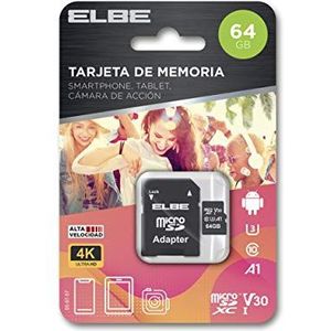 ELBE - 64 GB micro-SD-geheugenkaart (tot 100 MB/s, Class 10, U3, V30, Video 4K, Full HD 1080p, SD naar Micro SD-adapter)