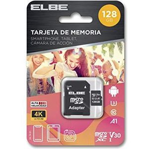 ELBE - 128 GB micro-SD-geheugenkaart (tot 100 MB/s, Class 10, U3, V30, 4K video, Full HD 1080p en digitale fotografie, SD-naar-micro-SD-adapter meegeleverd)