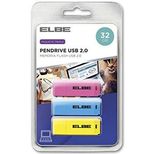 Elbe USB 332 USB-stick met 32 GB, kleur blauw, geel en roze, 3 stuks