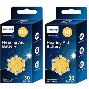 PHILIPS 60 stuks 1,4 V hoofdtelefoon batterijen 10 (Hearing Aid Battery) ZA10BX30/00, Premium Zinc Air technologie, lange open batterij, type PR10, 70 en 536 (60 stuks) geel