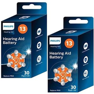 PHILIPS 60 batterijen 1,4 V voor hoofdtelefoon 13 (Hearing Aid Battery) ZA13BX30/00, premium zink-Air-technologie, maximale batterijduur, eenvoudig openen, type PR48 (60 stuks) kleur: oranje