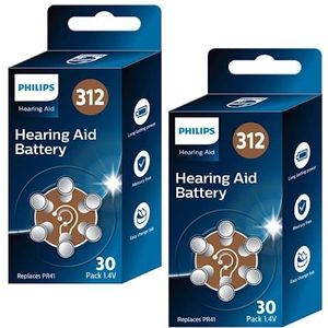 PHILIPS 60 batterijen 1,4 V voor hoortoestellen 312 (Hearing Aid Battery) ZA312BX30/00, premium Zink-Air-technologie, lange batterijduur, eenvoudige klep, type PR41 (60 stuks) bruin