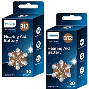 PHILIPS X60 batterijen 1,4 V voor gehoorapparaten 312 (Hearing Aid Battery) ZA312BX30/00, premium zink-lucht, lange levensduur, open lipje, type PR41 (60 stuks) bruin