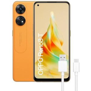 OPPO Reno8T Smartphone, 8 GB + 128 GB, camera, 100 MP + 2 MP, microscoopcamera, Android, batterij 5000 mAh, snel opladen 33 W, oranje