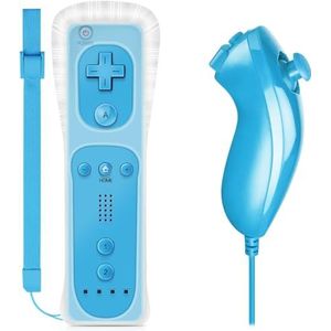 Wii-afstandsbediening met geïntegreerde Wiimotionplus + Nunchuck, compatibel met Wii, blauw