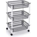 Opberg trolley/roltafel/organizer met 3 manden 40 x 30 x 61,5 cm wit/lichtgrijs - Etagewagentje/karretje met opbergkratten