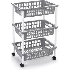 Opberg trolley/roltafel/organizer met 3 manden 40 x 30 x 61,5 cm wit/lichtgrijs - Etagewagentje/karretje met opbergkratten