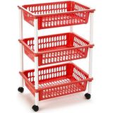 Opberg trolley/roltafel/organizer met 3 manden 40 x 30 x 61,5 cm wit/rood- Etagewagentje/karretje met opbergkratten