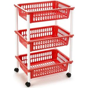 Opberg trolley/roltafel/organizer met 3 manden 40 x 30 x 61,5 cm wit/rood- Etagewagentje/karretje met opbergkratten