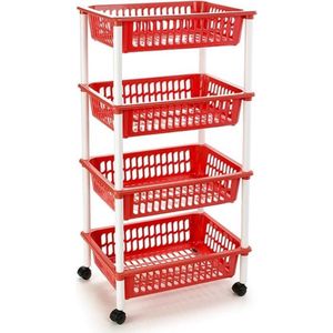 Rode opberg trolley/roltafel met 4 manden 40 x 50 x 85 cm - Etagewagentje/karretje met opbergkratten