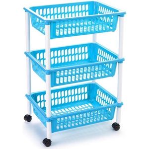Opberg trolley/roltafel/organizer met 3 manden 40 x 30 x 61,5 cm wit/lichtblauw - Etagewagentje/karretje met opbergkratten