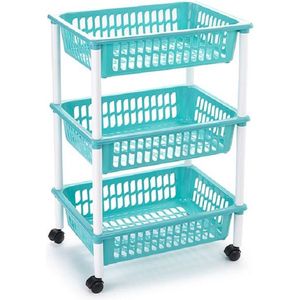 Opberg organiser trolleys/roltafels met 3 manden 62 cm in het turquoise blauw