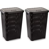 Grote rotan wasmand/opbergmand met deksel 60 liter in kleur donkerbruin - Kunststof - L35 x B43 x H62 cm - Wasmanden