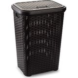 Grote rotan wasmand/opbergmand met deksel 60 liter in kleur donkerbruin - Kunststof - L35 x B43 x H62 cm - Wasmanden