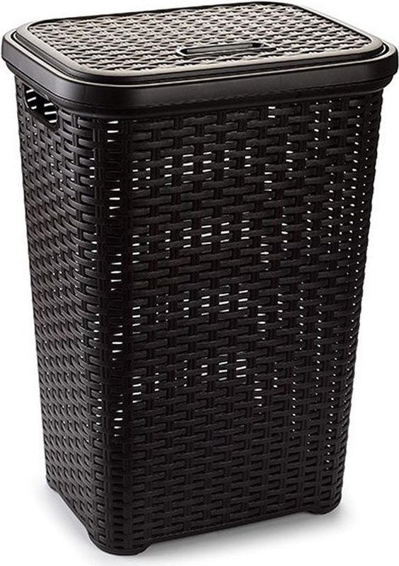 Grote rotan wasmand/opbergmand met deksel 60 liter in kleur donkerbruin - Kunststof - L35 x B43 x H62 cm - Wasmanden